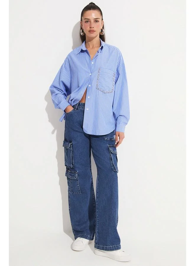 JUNE June Striped Pmauk Blend Shirt Blue