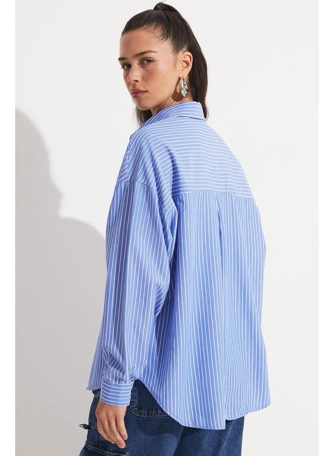 JUNE June Striped Pmauk Blend Shirt Blue
