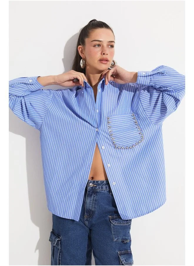 جون June Striped Pmauk Blend Shirt Blue