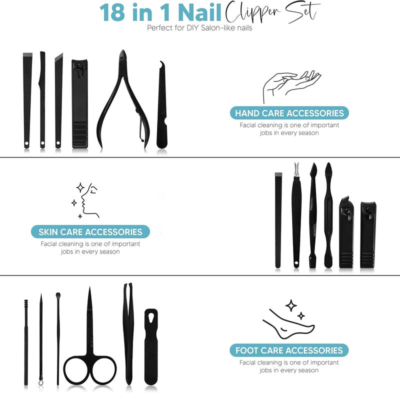 Utopia Care - Manicure Kit for Women and Men, Manicure Set with Nail Clippers or Nail Kit Includes Fingernail & Toenail Clippers,18-Pcs Pedicure Kit Stocking Stuffers with Travel Case - Black - Image 3