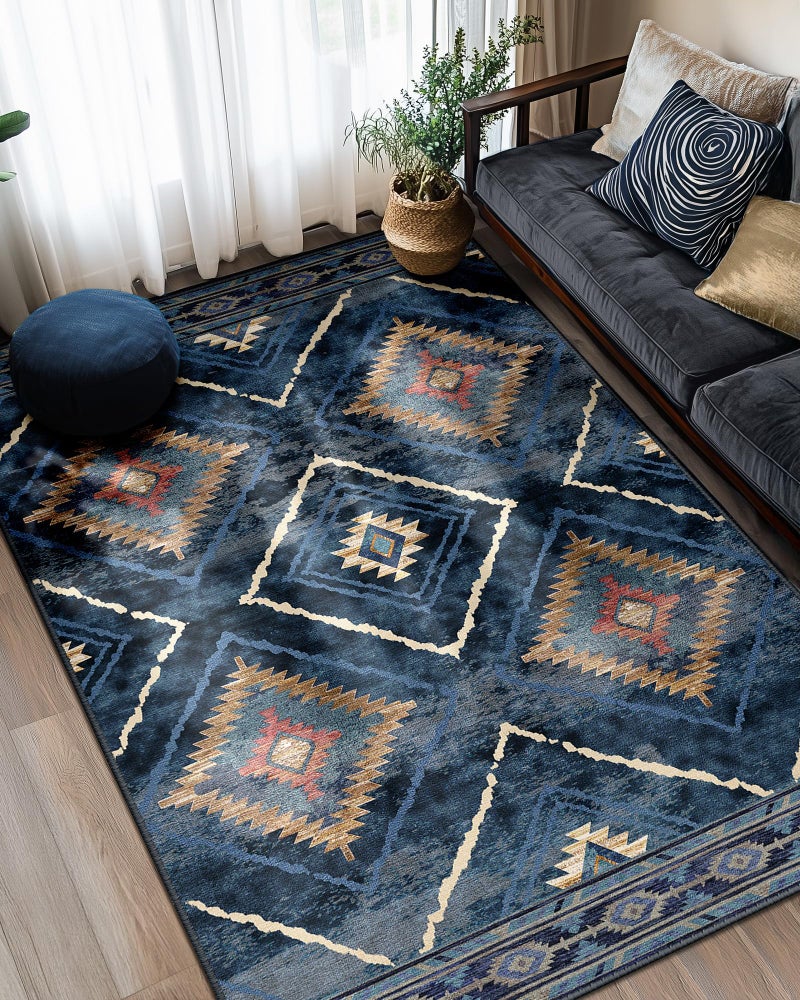 Area Rug 5x7 Rug Machine Washable NonSlip Low Pile Print Pattern Western Rug for Living Room Bedroom Entryway Tribal Series Darkblue