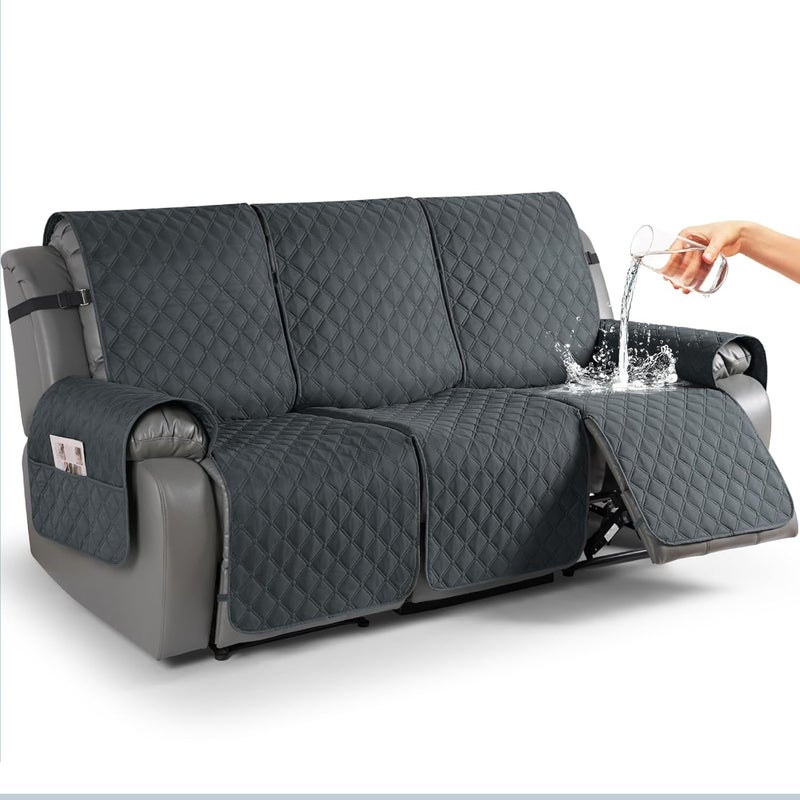 TAOCOCO Waterproof Recliner Couch Cover 1Piece Sofa Covers for Reclining Sofa 3 Seat with Leg Straps Pocket Washable Reclining Sofa Covers Couch Protector for Dogs Pets Kids3 Seater Natural Grey