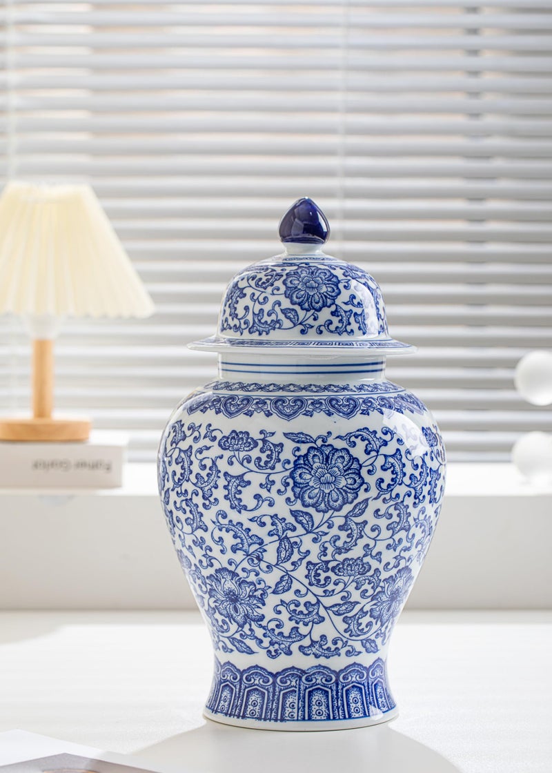 KuJaRen Blue and White Ginger Jar, Ceramic Chinoiserie Decorative Jars for Home, Office, Flower Vase Pocelain, Glossy Vase for Table, Living Room, Bookshelf, Mantle Fireplace, Centerpieces,15" H - Image 4