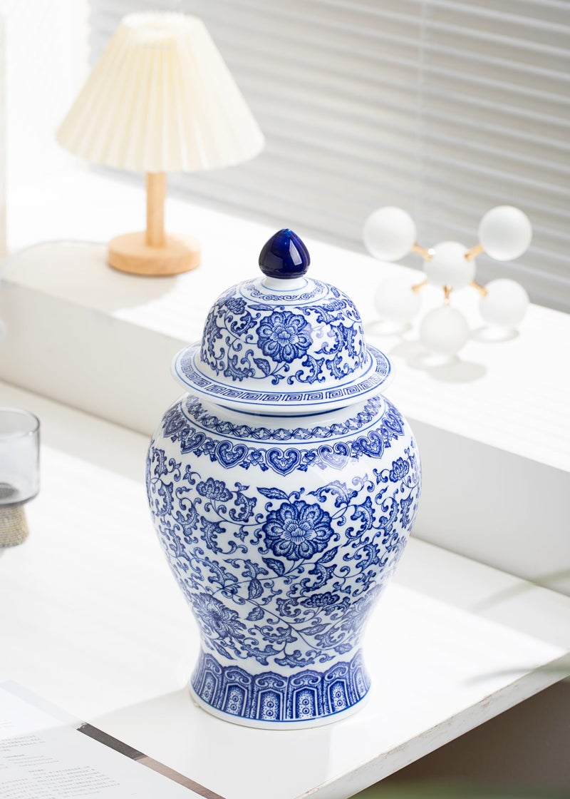 KuJaRen Blue and White Ginger Jar, Ceramic Chinoiserie Decorative Jars for Home, Office, Flower Vase Pocelain, Glossy Vase for Table, Living Room, Bookshelf, Mantle Fireplace, Centerpieces,15" H - Image 2