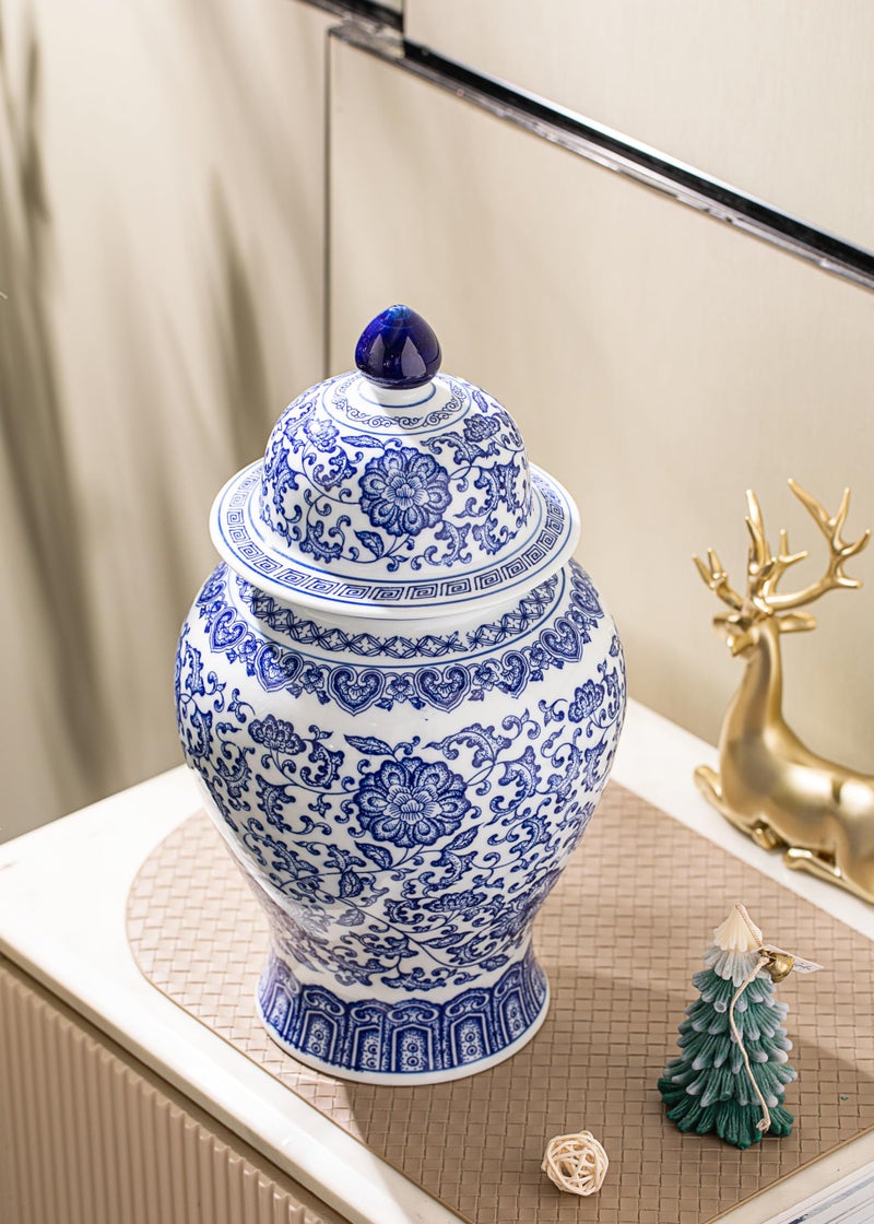 KuJaRen Blue and White Ginger Jar, Ceramic Chinoiserie Decorative Jars for Home, Office, Flower Vase Pocelain, Glossy Vase for Table, Living Room, Bookshelf, Mantle Fireplace, Centerpieces,15" H - Image 5