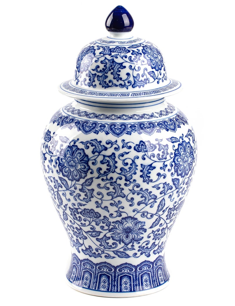 KuJaRen Blue and White Ginger Jar, Ceramic Chinoiserie Decorative Jars for Home, Office, Flower Vase Pocelain, Glossy Vase for Table, Living Room, Bookshelf, Mantle Fireplace, Centerpieces,15" H - Image 1