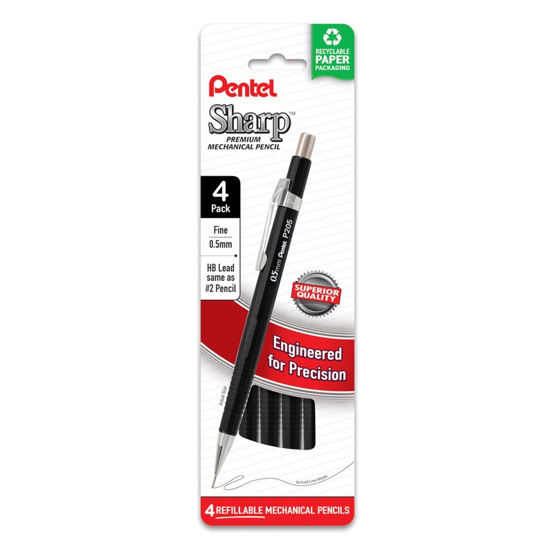 Pentel Sharp Mechanical Pencil 05mm Fine Line Black Barrel Pack of 4 P205PF4A - Image 2