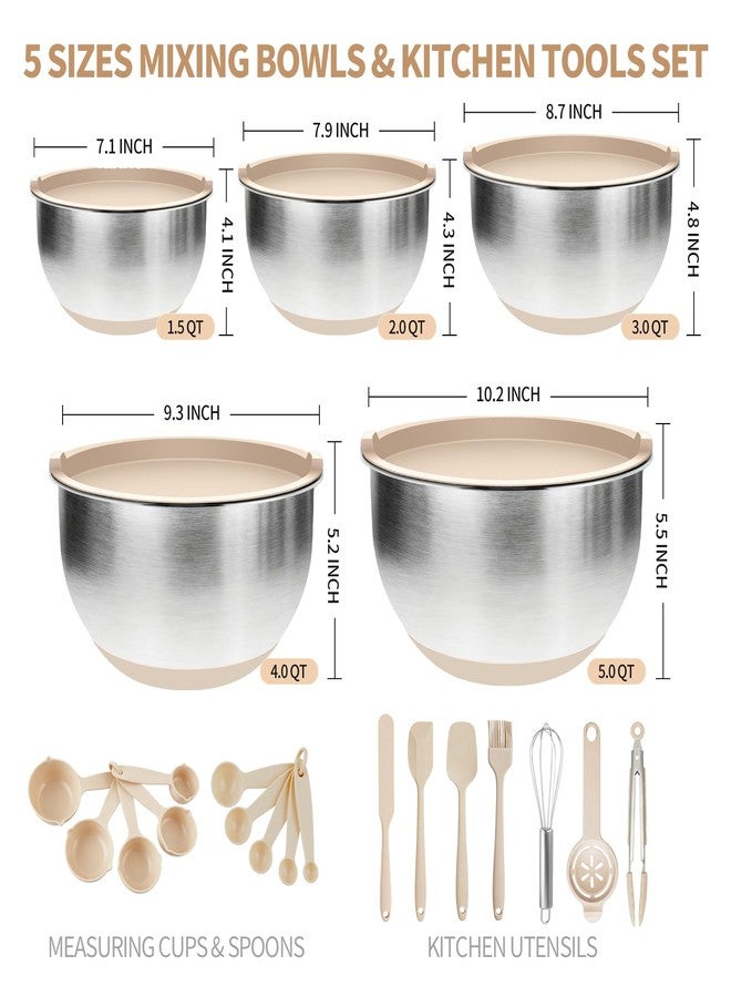 Deedro Premium Mixing Bowls With Airtight Lids Set, 22Pcs Thicker Stainless Steel Mixing Bowl Set, Large Prep Metal Bowls, Non-Slip Silicone Base Nesting Bowls for Kitchen, 1.5/2/3/4/5 QT, Khaki - Image 3