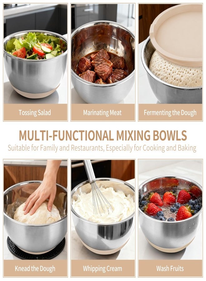 Deedro Premium Mixing Bowls With Airtight Lids Set, 22Pcs Thicker Stainless Steel Mixing Bowl Set, Large Prep Metal Bowls, Non-Slip Silicone Base Nesting Bowls for Kitchen, 1.5/2/3/4/5 QT, Khaki - Image 5