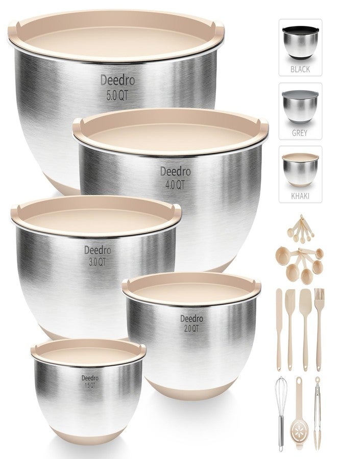 Deedro Premium Mixing Bowls With Airtight Lids Set, 22Pcs Thicker Stainless Steel Mixing Bowl Set, Large Prep Metal Bowls, Non-Slip Silicone Base Nesting Bowls for Kitchen, 1.5/2/3/4/5 QT, Khaki - Image 1