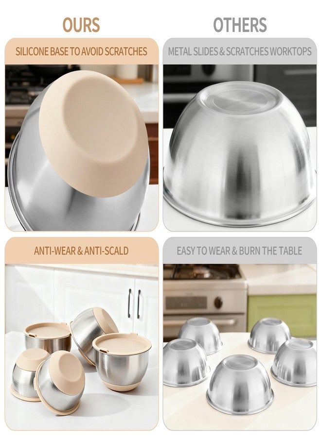 Deedro Premium Mixing Bowls With Airtight Lids Set, 22Pcs Thicker Stainless Steel Mixing Bowl Set, Large Prep Metal Bowls, Non-Slip Silicone Base Nesting Bowls for Kitchen, 1.5/2/3/4/5 QT, Khaki - Image 4