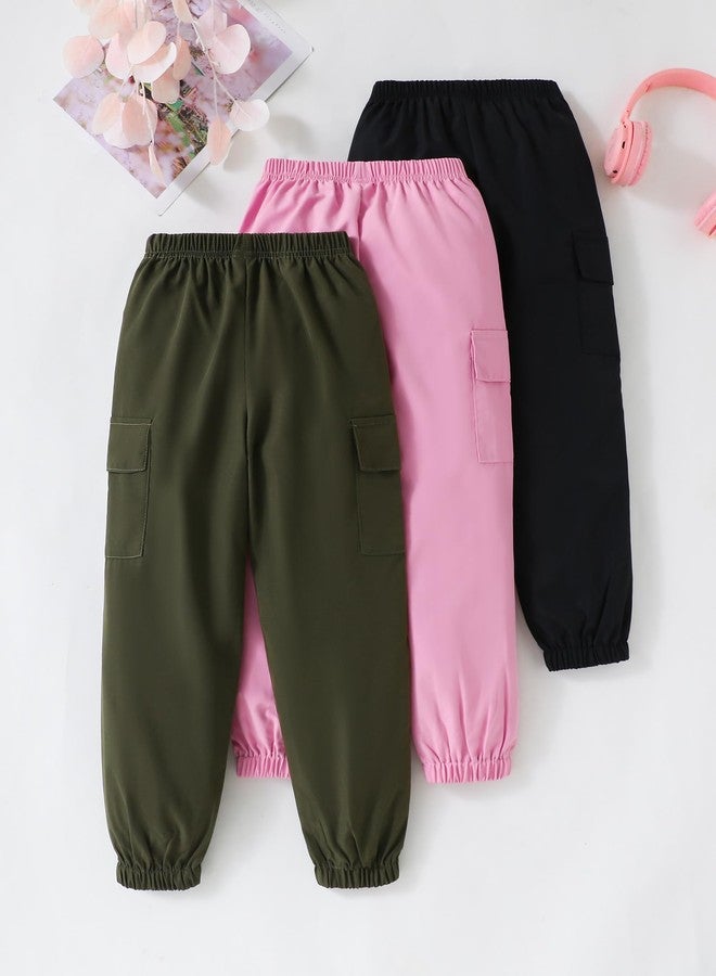 Mioglrie Girls Pants 5T 6T Kids Cargo Pants for Girls 3-Pack Joggers Black Green Pink Casual Elastic Waist Athletic Pants - Image 5