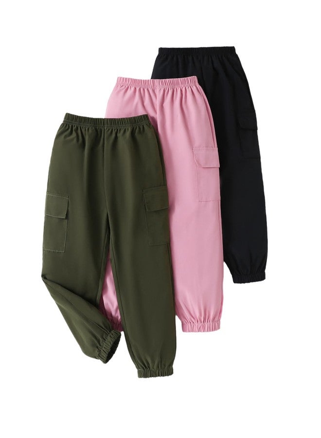 Mioglrie Girls Pants 5T 6T Kids Cargo Pants for Girls 3-Pack Joggers Black Green Pink Casual Elastic Waist Athletic Pants - Image 1