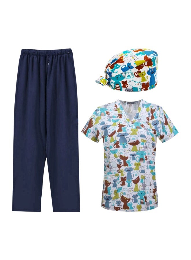 Loquat Womens Medical Scrubs Set Medical Uniform Set Brown and Blue Cat - Image 1