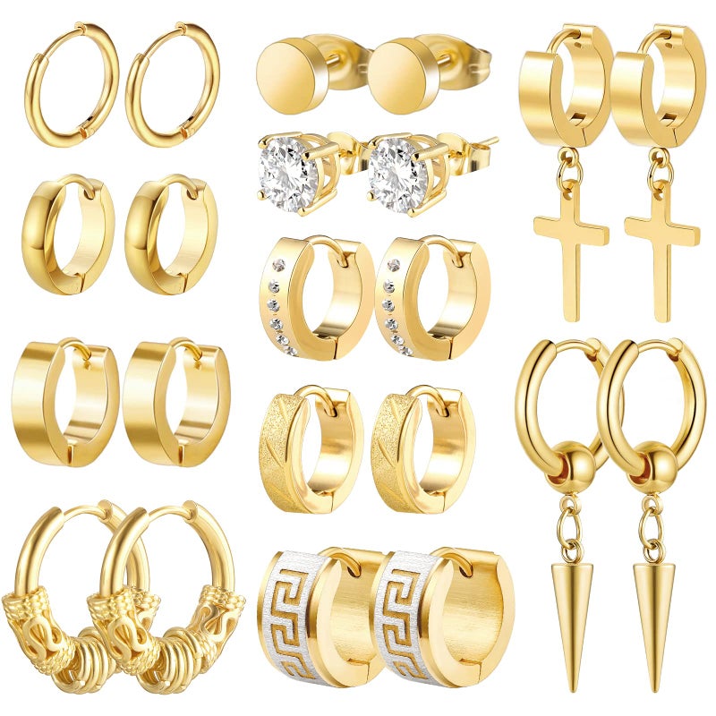 Funtopia Earrings for Men Women, Funtopia 11 Pairs Stainless Steel 18K Gold Plated Small Hoop Earrings, Cross Dangle Earring Set, Fashion Huggie Earring Piercing Jewelry for Party Birthday, Gold - Image 1