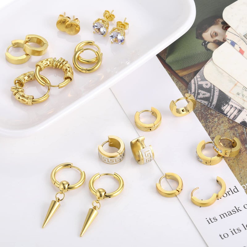Funtopia Earrings for Men Women, Funtopia 11 Pairs Stainless Steel 18K Gold Plated Small Hoop Earrings, Cross Dangle Earring Set, Fashion Huggie Earring Piercing Jewelry for Party Birthday, Gold - Image 2