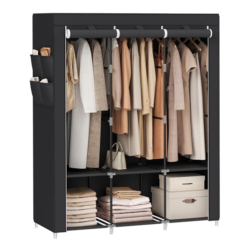 SONGMICS SONGMICS Portable Closet Wardrobe Closet Organizer with Cover 3 Hanging Rods and Shelves 4 Side Pockets 512 x 177 x 657 Inches Large Capacity for Bedroom Living Room Ink Black URYG092B02