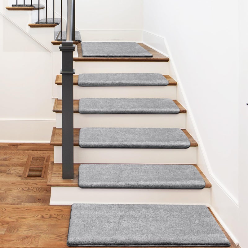 PURE ERA Carpet Stair Treads Ultra Plush 9.5" X 30"Soft Bullnose Indoor Stair Protectors Pet-Friendly Non-Slip Skid Resistant Tape Free Washable Reusable (14 Pieces, Gray) - Image 2