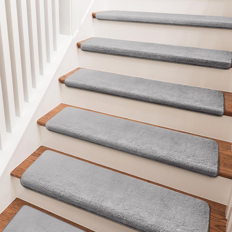 PURE ERA Carpet Stair Treads Ultra Plush 9.5" X 30"Soft Bullnose Indoor Stair Protectors Pet-Friendly Non-Slip Skid Resistant Tape Free Washable Reusable (14 Pieces, Gray) - Image 1