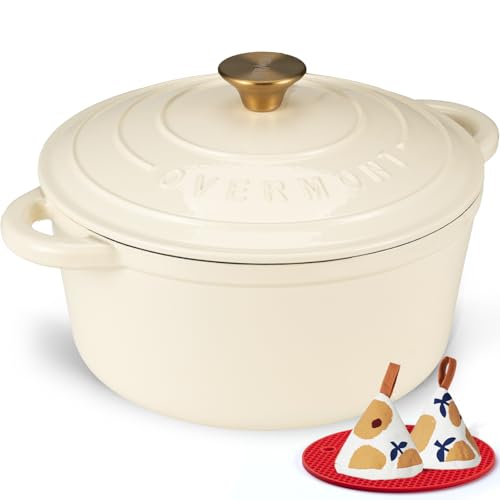 Overmont وعاء داتش أوفن من أوفermont مطلي بالمينا - وعاء سعة 7QT مع غطاء وكتاب طبخ وقبعات قطنية - أدوات طهي قوية لتحضير الأطعمة، الحساء، الشواء، وخبز الخبز باللون الأبيض الكريمي - Image 1