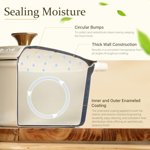 Overmont وعاء داتش أوفن من أوفermont مطلي بالمينا - وعاء سعة 7QT مع غطاء وكتاب طبخ وقبعات قطنية - أدوات طهي قوية لتحضير الأطعمة، الحساء، الشواء، وخبز الخبز باللون الأبيض الكريمي - Image 3