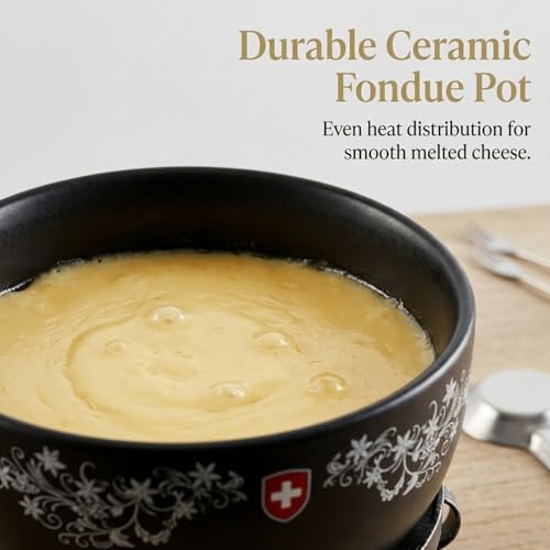 Artestia Cheese & Chocolate Fondue Pot Set, 2.1 Quart Ceramic Swiss Design Fondue Set for 6 with Burner & Forks, Stove Top Safe, Perfect for Party, Family Gathering & Gift - Image 3