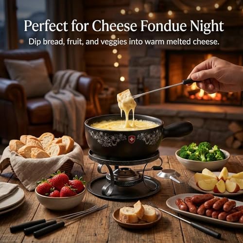 Artestia Cheese & Chocolate Fondue Pot Set, 2.1 Quart Ceramic Swiss Design Fondue Set for 6 with Burner & Forks, Stove Top Safe, Perfect for Party, Family Gathering & Gift - Image 2