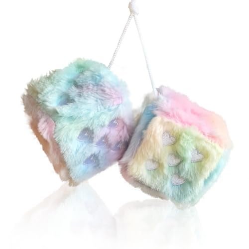 ORNALES Heart Embroidered Fuzzy Dice for Car Mirror Pair 3 Soft Plush Hanging Dice Vintage Couple Car Decoration AccessoriesColorful Blue - Image 1