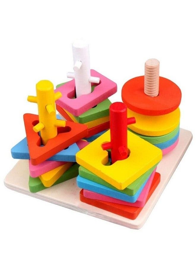 Smoneo - Wooden 4 Shape Sorting & Stacking Toys For Toddlers Montessori Color Recognition Stacker Early Educational Blocks Puzzles 13 Years Old Age Boys And Girls (4 Shapes) (20 Pieces) - Image 1