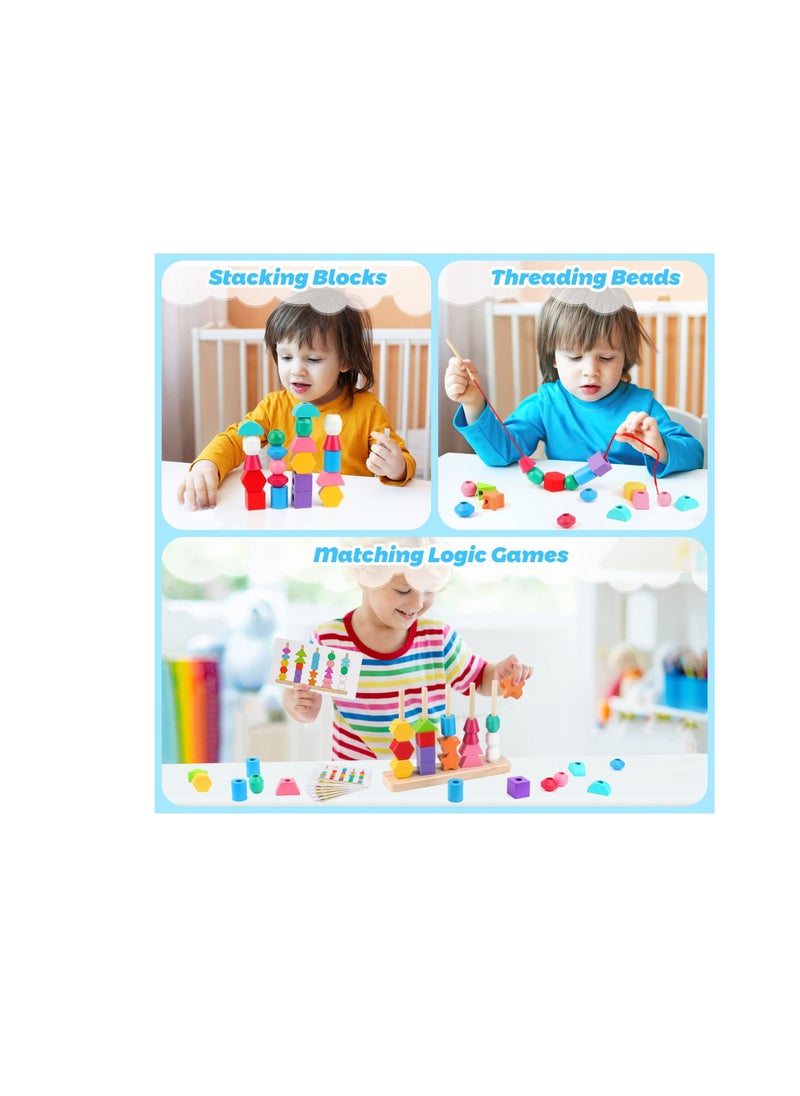 Excefore - Montessori Toys, Wooden Beads Sequencing Toy, Stacking Blocks, Matching Shape Stacker, Preschool Educational Toys, Boost Child's Observation Skills - Image 1