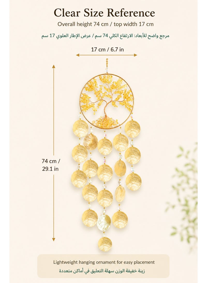 Handmade Tree of Life Shell Wind Chime Hanging Decor, Natural Capiz Seashell Dream Catcher Wall Pendant for Window Balcony Patio Garden Home, Gold, 17 x 74 cm - Image 2