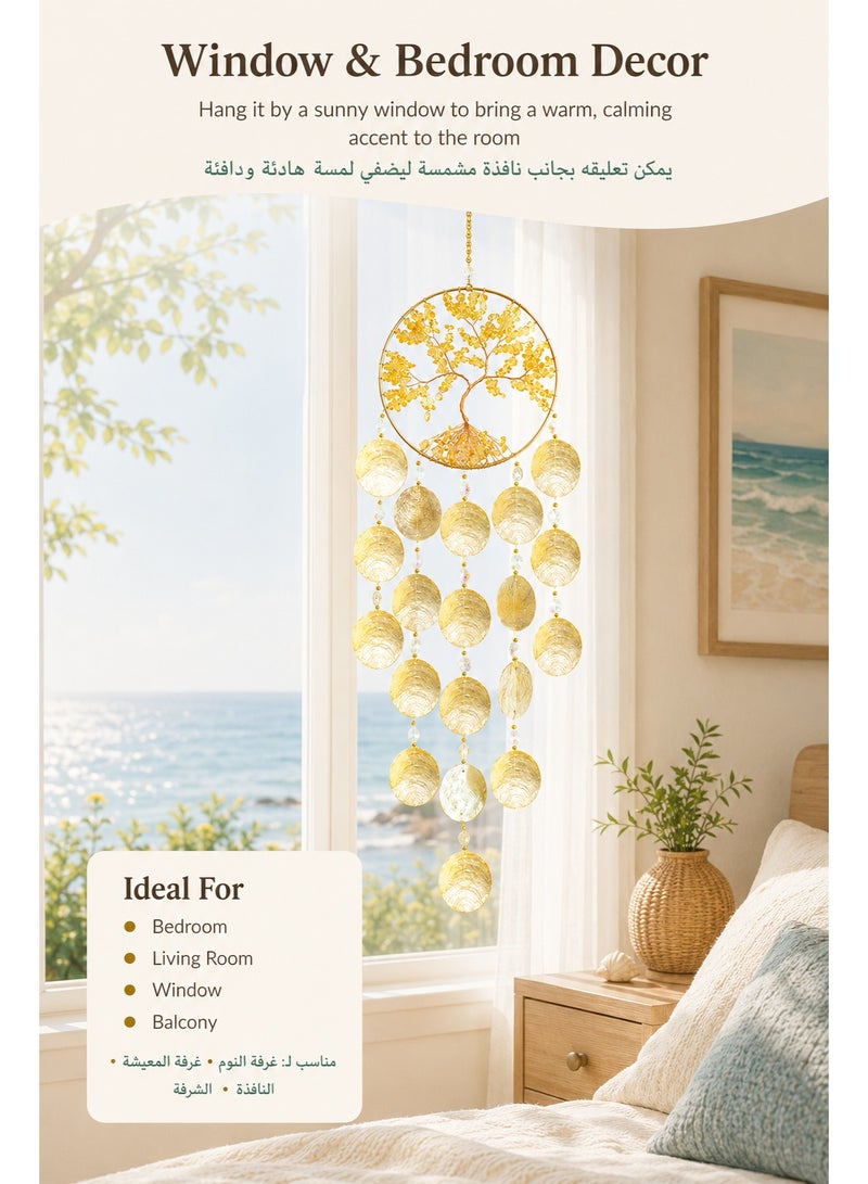 Handmade Tree of Life Shell Wind Chime Hanging Decor, Natural Capiz Seashell Dream Catcher Wall Pendant for Window Balcony Patio Garden Home, Gold, 17 x 74 cm - Image 5