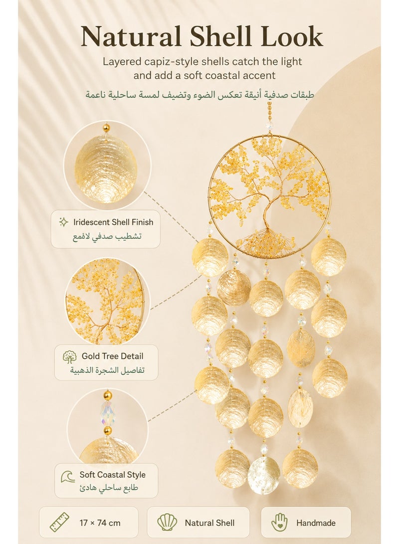 Handmade Tree of Life Shell Wind Chime Hanging Decor, Natural Capiz Seashell Dream Catcher Wall Pendant for Window Balcony Patio Garden Home, Gold, 17 x 74 cm - Image 3