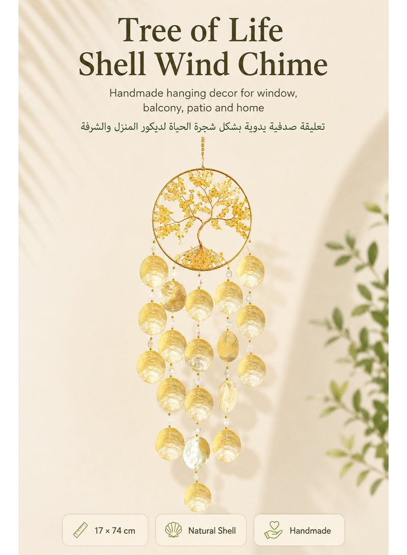 Handmade Tree of Life Shell Wind Chime Hanging Decor, Natural Capiz Seashell Dream Catcher Wall Pendant for Window Balcony Patio Garden Home, Gold, 17 x 74 cm - Image 1