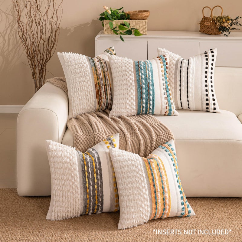 KOOLIFE Fall Boho Chenille Tufted Couch Throw Pillow Covers 18x18 Inch Set of 2 Farmhouse Striped Decorative Pillow Covers Accent Neutral Pillowcase Yellow Teal Cushion Cover for Living Room Sofa Bed - Image 2