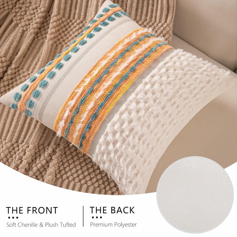 KOOLIFE Fall Boho Chenille Tufted Couch Throw Pillow Covers 18x18 Inch Set of 2 Farmhouse Striped Decorative Pillow Covers Accent Neutral Pillowcase Yellow Teal Cushion Cover for Living Room Sofa Bed - Image 4