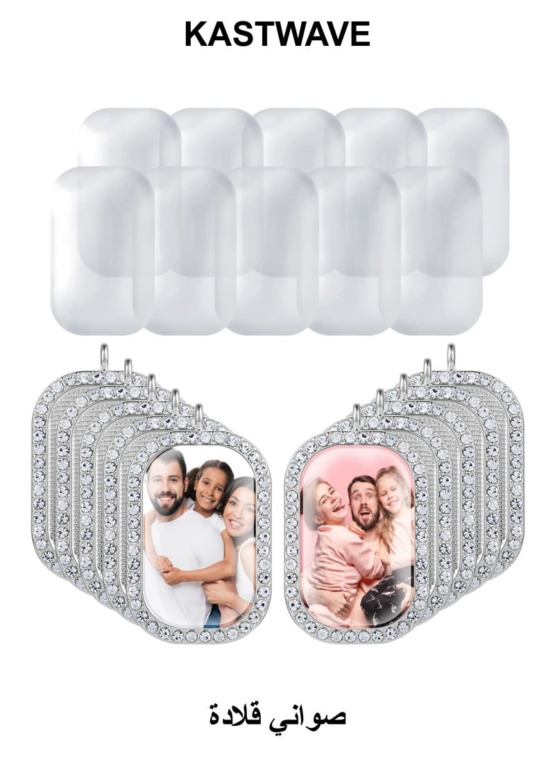 KASTWAVE Sublimation Rhinestone Bezel Tray Set, 10 Pcs Bezel Pendant Blanks Settings, Rhinestone Bezels Pendant Trays and 10 Glass Cabochons Rhinestone Blank Pendant Photo Charms for Jewelry Making DIY - Image 1