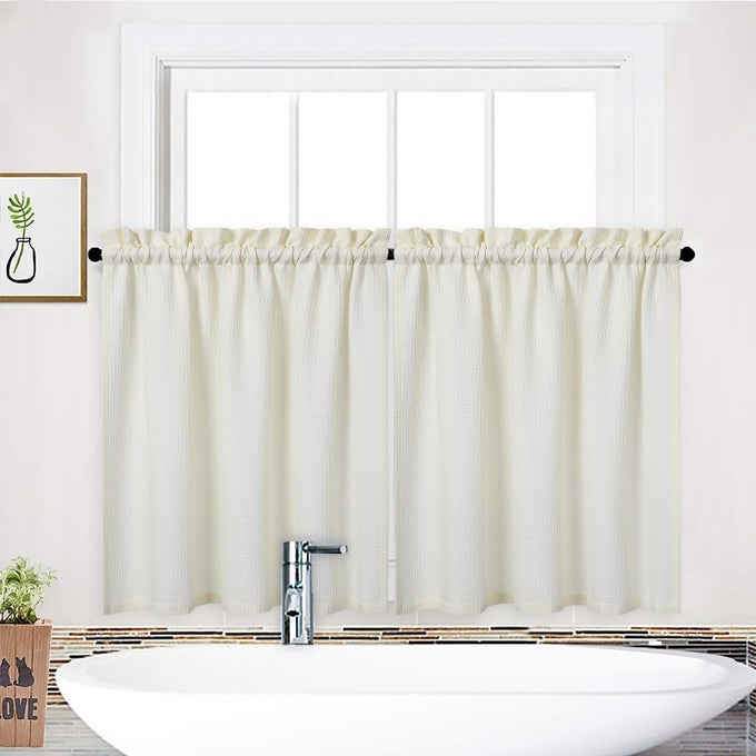 KITCHEN CAFE TIER CURTAINS WAFFLE WEAVE TEXTURED SHORT CURTAIN FOR BATHROOM WATERPROOF WINDOW COVERING CURTAINS 30 X 30 IVORY SET OF 2