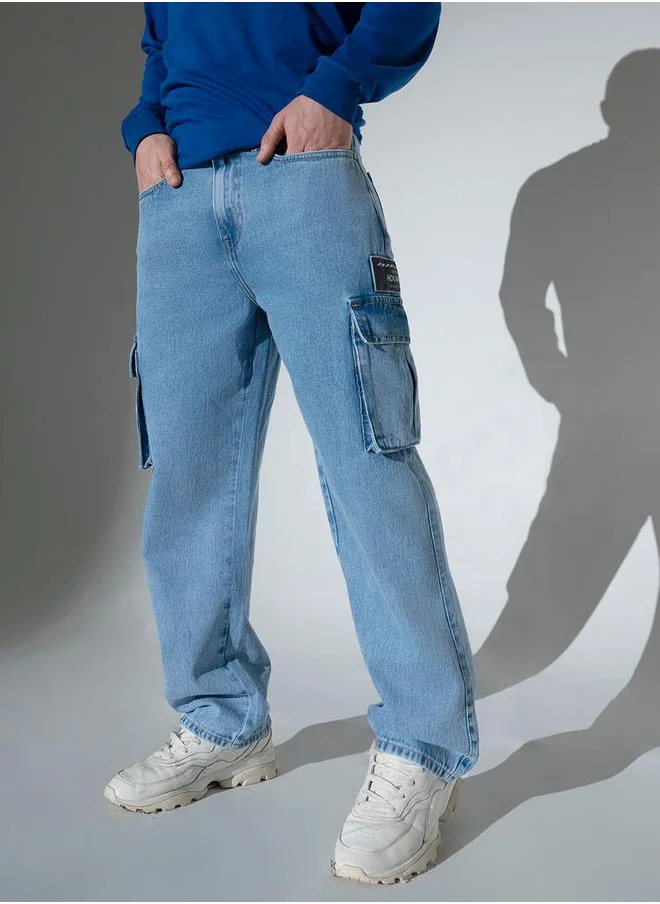 Hubberholme Mid Rise Badge Detail Cargo Jeans by Styli