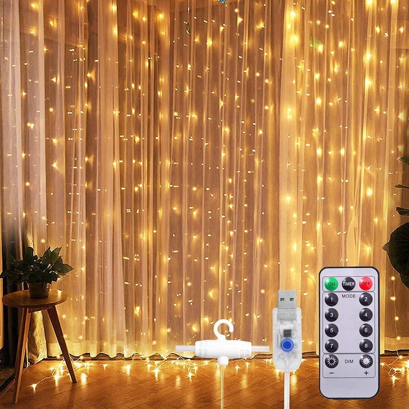 KD Enterprises Window Curtain String Light 300 LED 8 Lighting Modes Fairy Lights Remote Control USB Powered Waterproof Lights for Diwali (Yellow) - Image 1