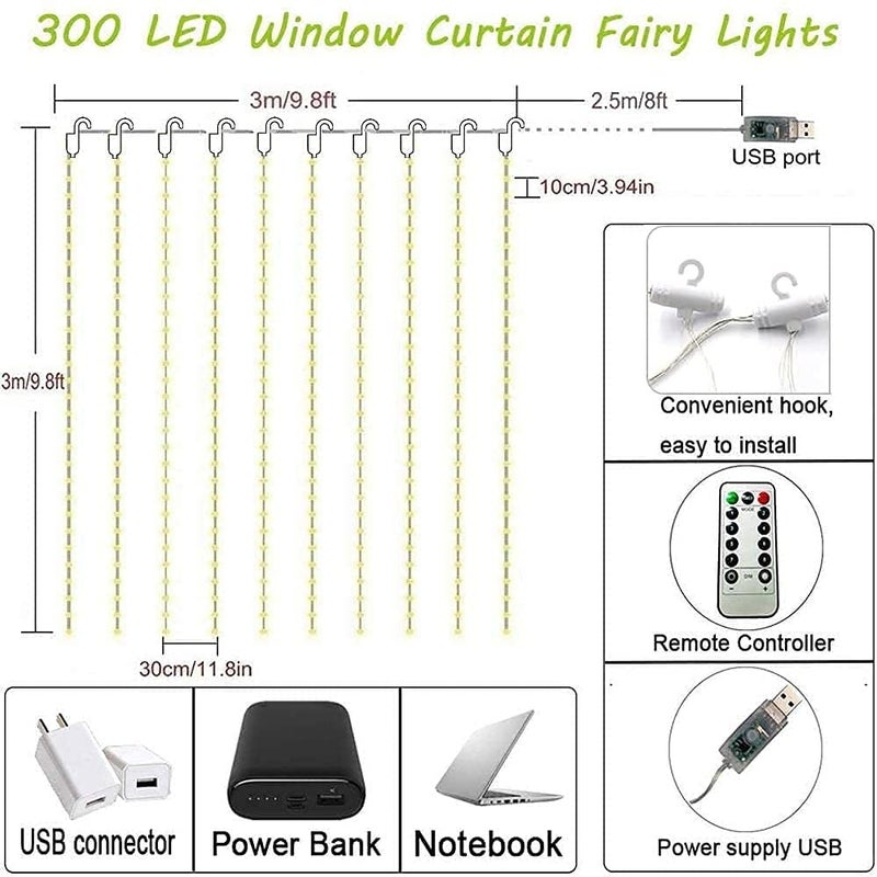 KD Enterprises Window Curtain String Light 300 LED 8 Lighting Modes Fairy Lights Remote Control USB Powered Waterproof Lights for Diwali (Yellow) - Image 5