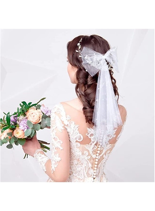 AKOAK 1 Pack White Bow Hairpin Net Gauze Ribbon Pearl Hair Ornaments Bride Wedding Tiara Temperament Girl Bridesmaid Hair Decoration - Image 5