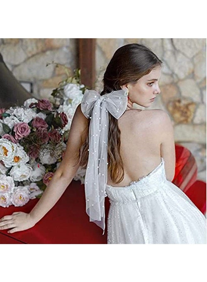 AKOAK 1 Pack White Bow Hairpin Net Gauze Ribbon Pearl Hair Ornaments Bride Wedding Tiara Temperament Girl Bridesmaid Hair Decoration - Image 4