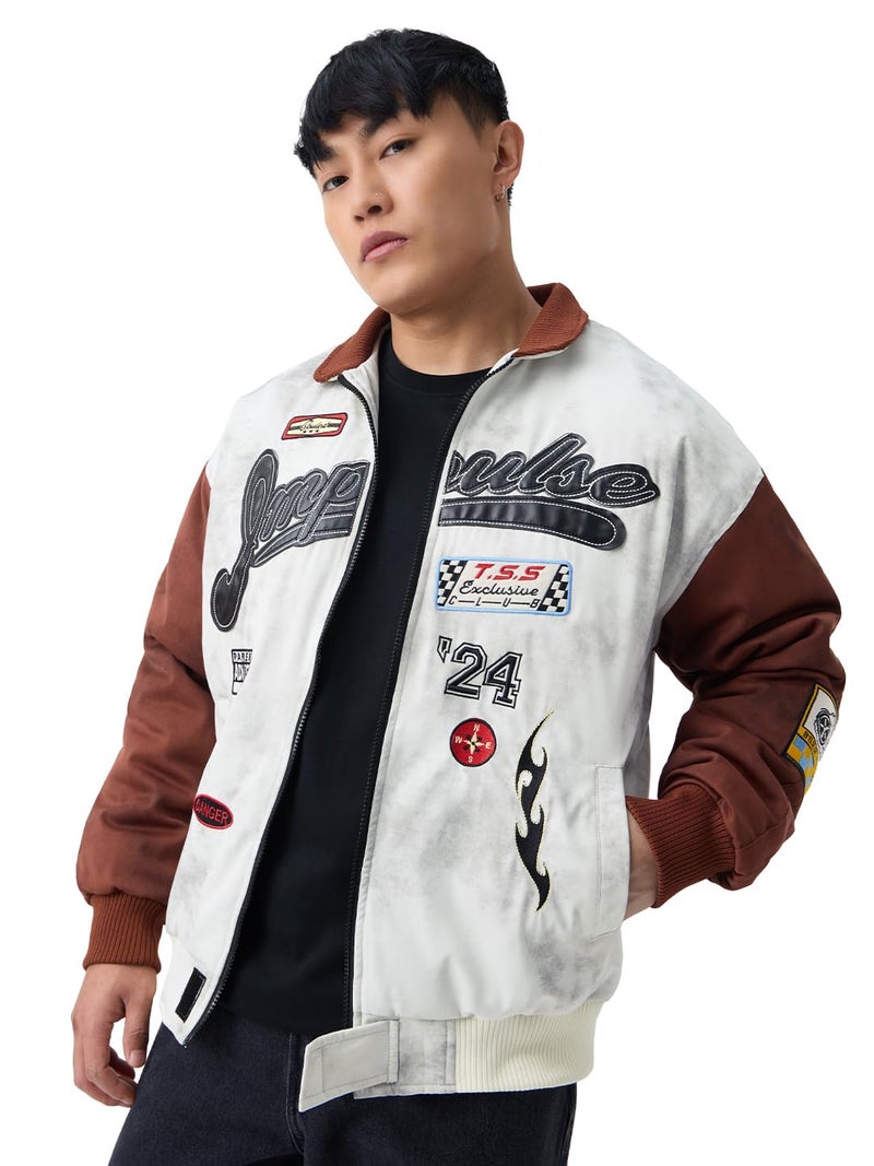 The Souled Store Racer Jacket: Impulse Men and Boys Full Sleeves Spread Collar White Graphic Printed Polyester Regular Fit Lightweight Winter Racer Jacket - Image 1