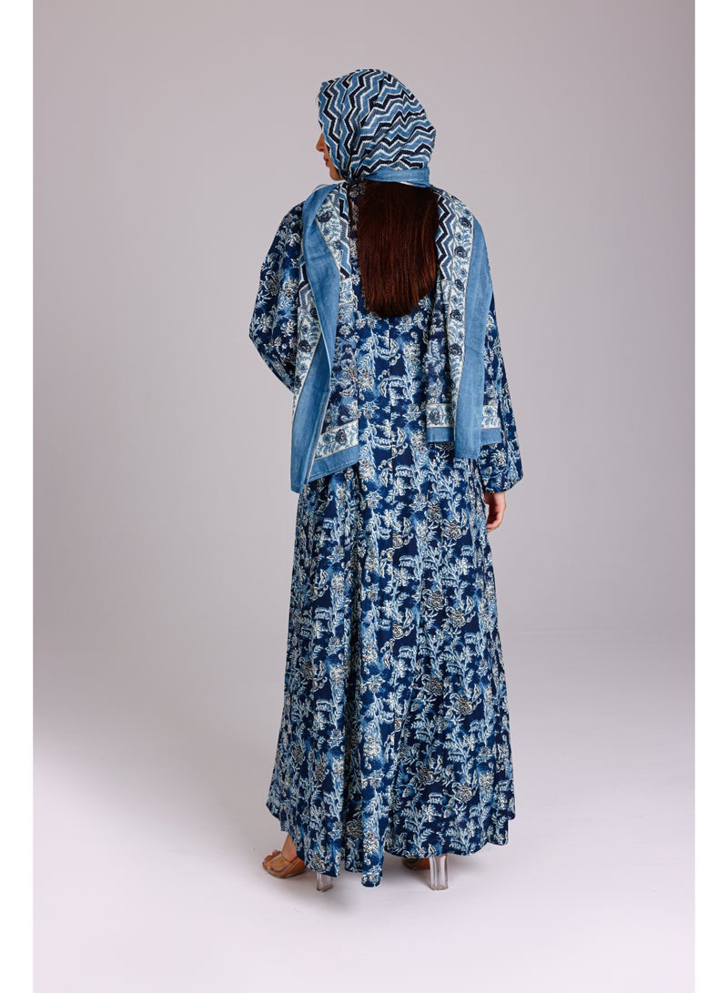 اكسا عباية نقوش ورود حديقة ازرق - Image 4