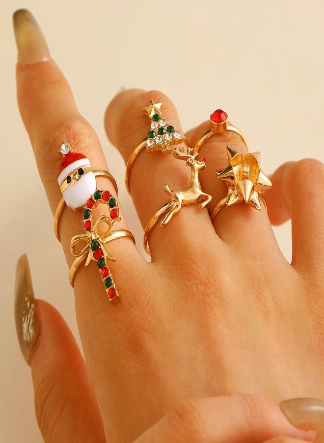 WLL 6/8Pcs Christmas Rings for Women Gold-Tone Christmas Tree Bow Santa Claus Cane Deer Ring Jewelry Set Holiday Rhinestone Ring Gift (A:6PCS) - Image 2
