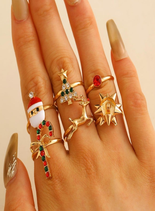 WLL 6/8Pcs Christmas Rings for Women Gold-Tone Christmas Tree Bow Santa Claus Cane Deer Ring Jewelry Set Holiday Rhinestone Ring Gift (A:6PCS) - Image 3