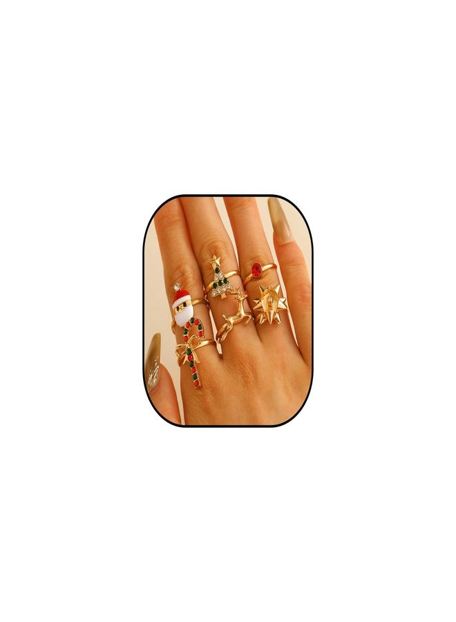 WLL 6/8Pcs Christmas Rings for Women Gold-Tone Christmas Tree Bow Santa Claus Cane Deer Ring Jewelry Set Holiday Rhinestone Ring Gift (A:6PCS) - Image 1