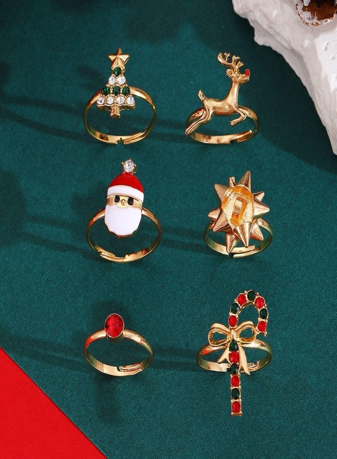 WLL 6/8Pcs Christmas Rings for Women Gold-Tone Christmas Tree Bow Santa Claus Cane Deer Ring Jewelry Set Holiday Rhinestone Ring Gift (A:6PCS) - Image 5