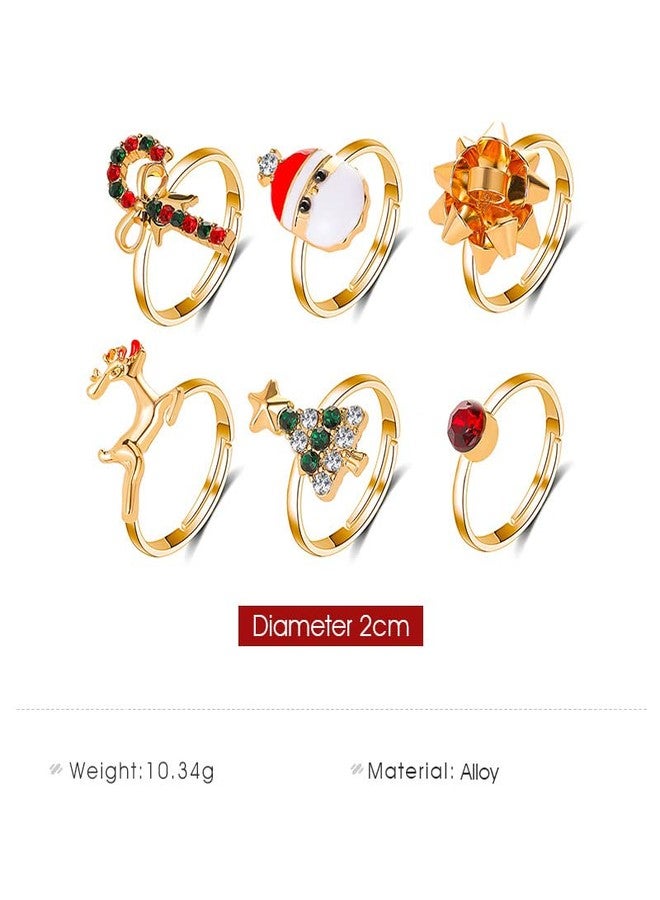 WLL 6/8Pcs Christmas Rings for Women Gold-Tone Christmas Tree Bow Santa Claus Cane Deer Ring Jewelry Set Holiday Rhinestone Ring Gift (A:6PCS) - Image 4